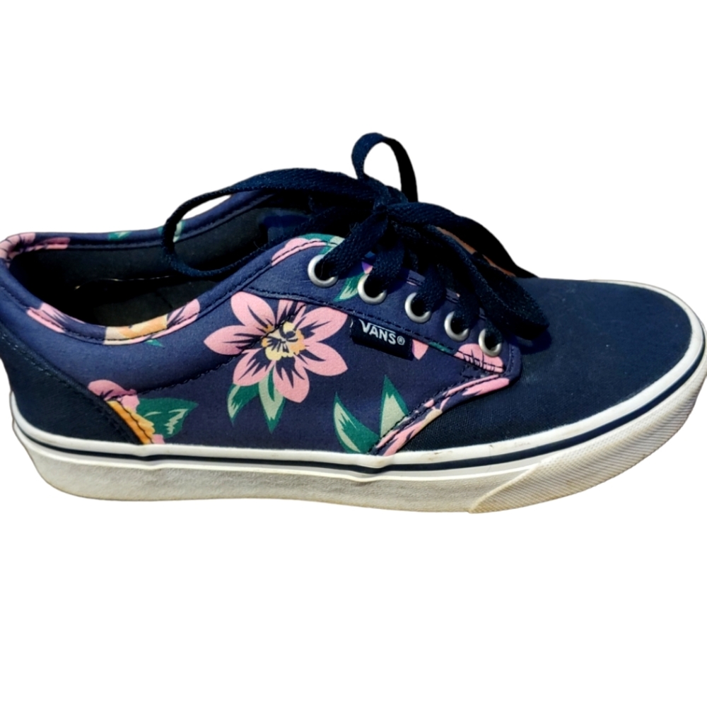 Navy and pink floral Vans